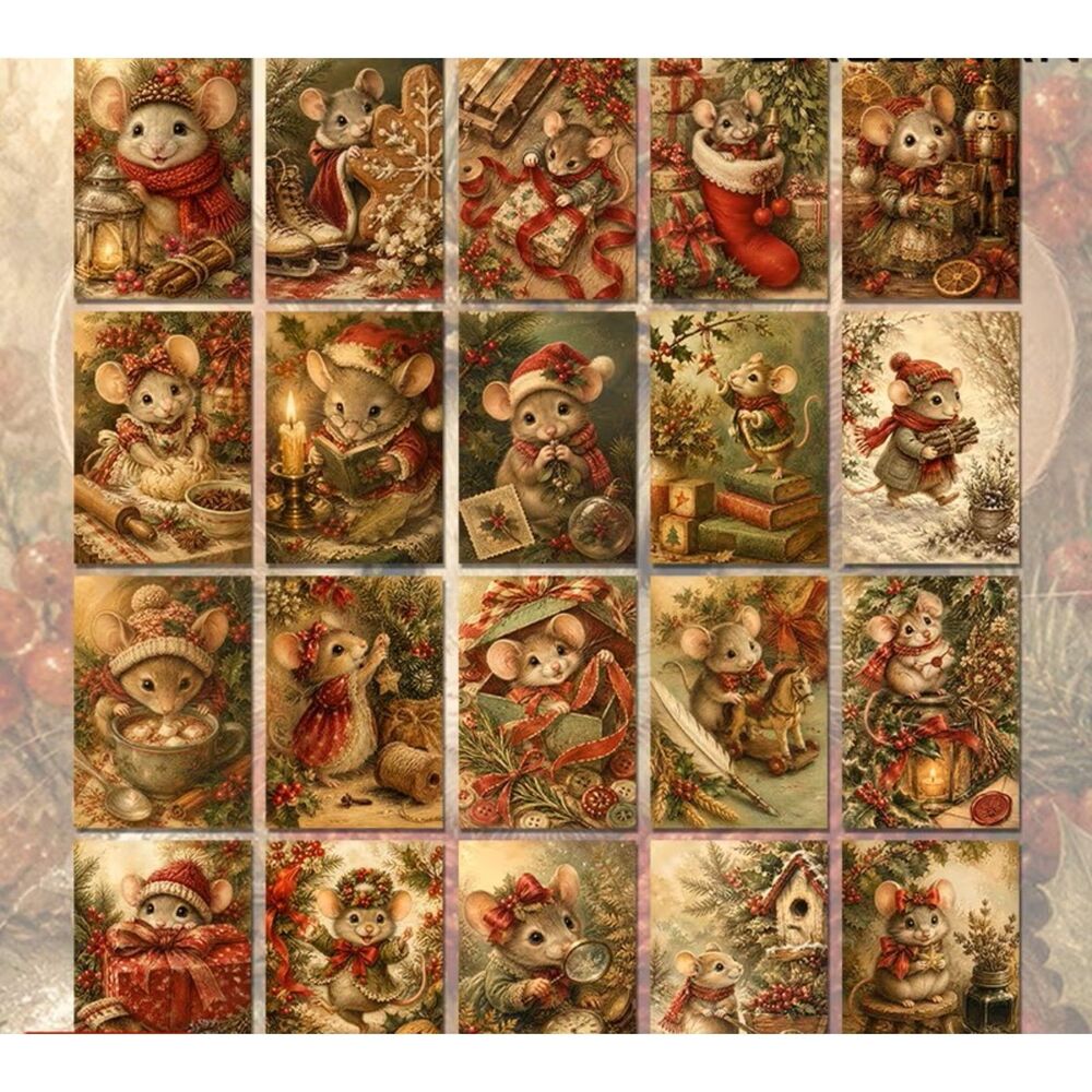 20pc Vintage Look Christmas Mouse Postcards 4x6 Holiday Junk Journal Scrapbook